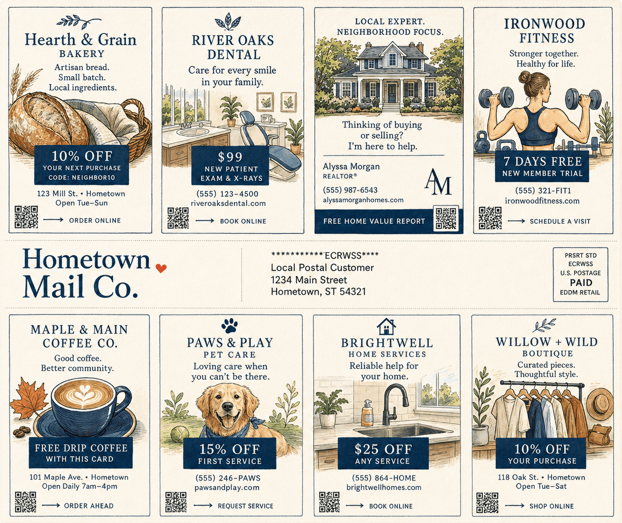 Illustrated Hometown Mail Co. 12 by 9 co-op EDDM postcard with eight local business ad slots.