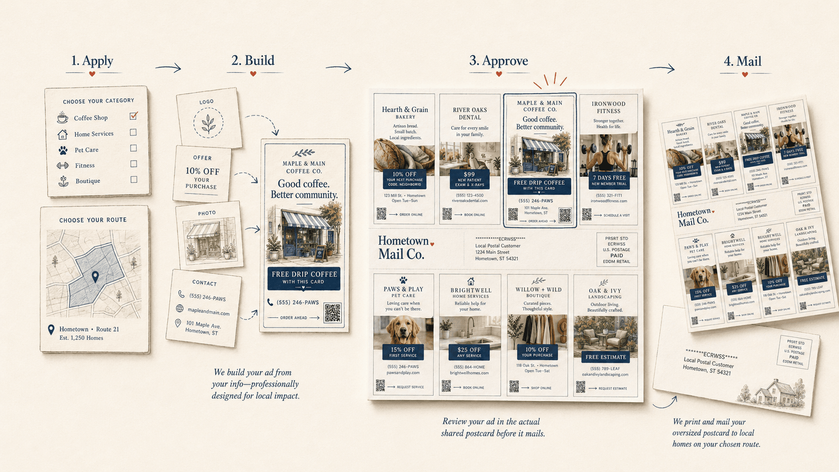 Illustration of the Hometown Mail Co. process: apply, build, approve, and mail.