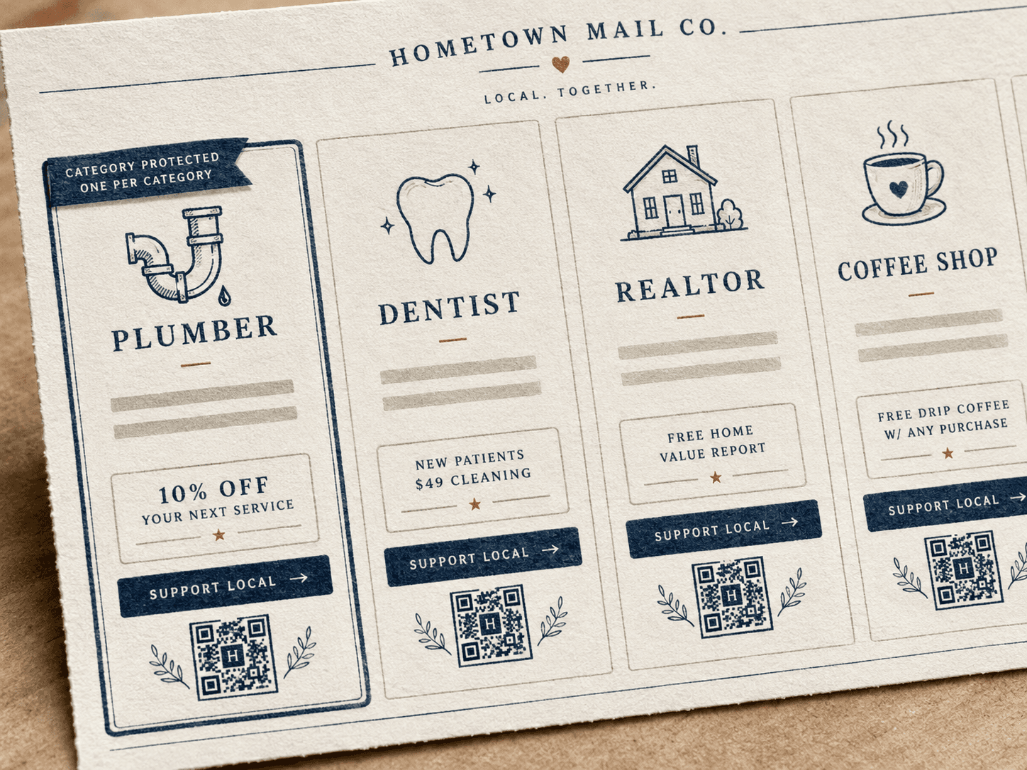 Illustration of a shared Hometown Mail Co. postcard with one business per category.