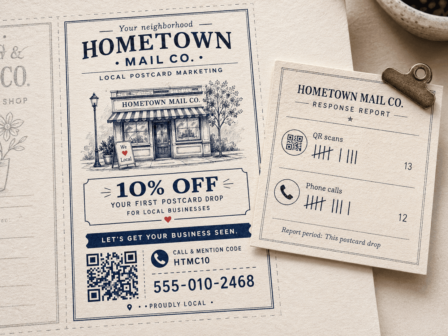 Illustration of a postcard ad slot with QR and call tracking response cues.